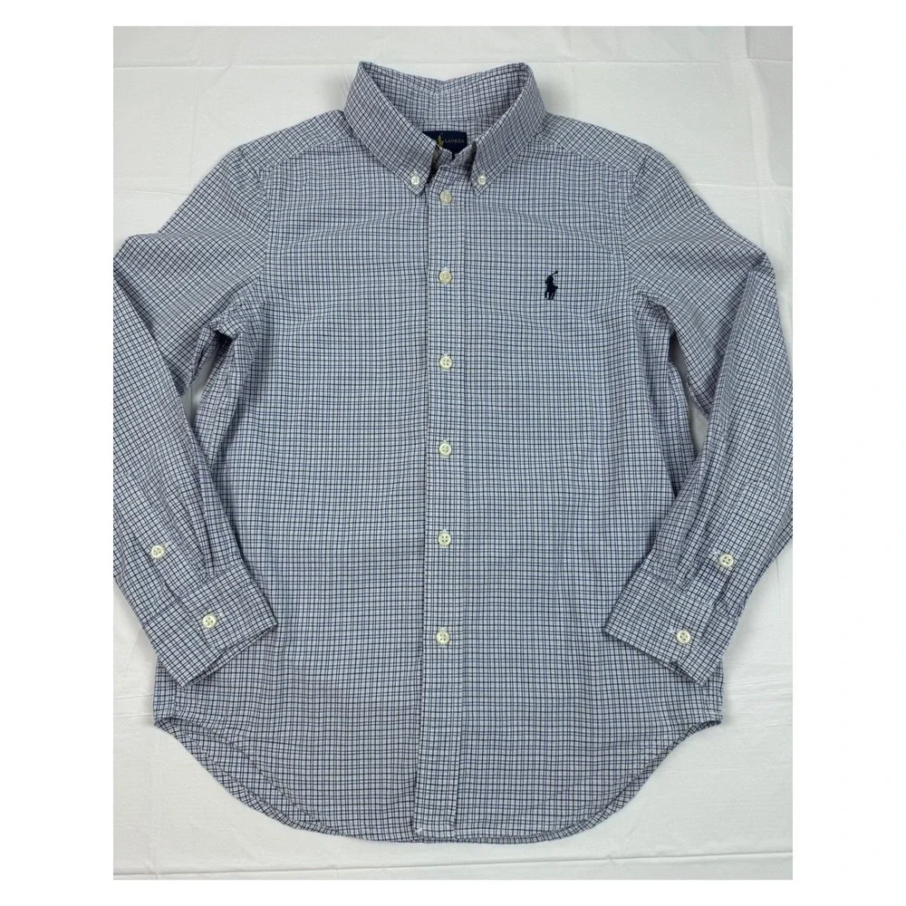 Ralph Lauren Boys Blue White Plaid Button Down Shirt Size M 10-12 Long Sleeve